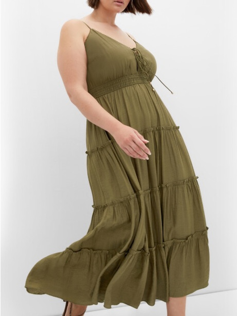 City Chic Olive Tiered Maxi Dress with Smocked Waist